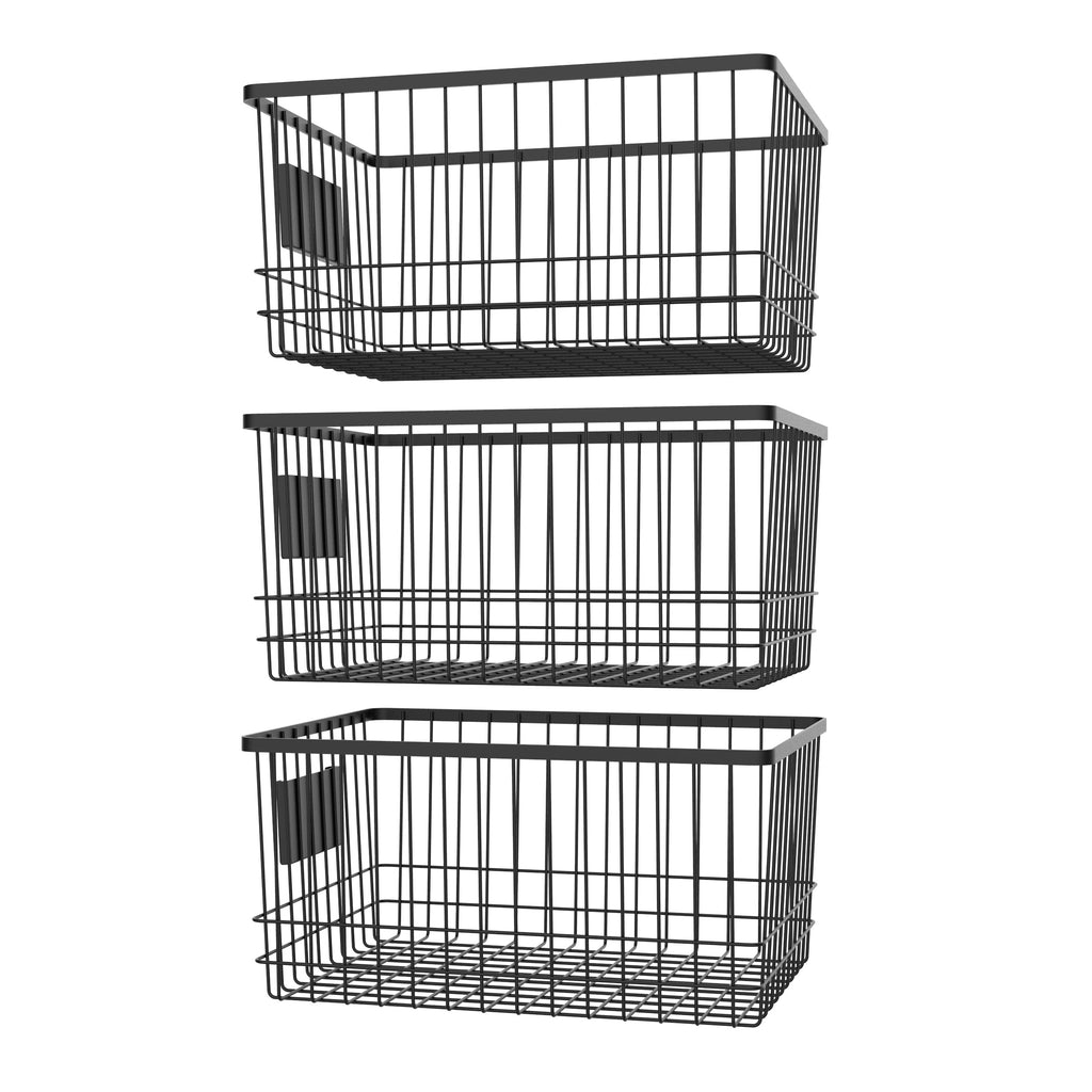 Set of three black metal wire organizer baskets with front card holders for home storage — view 4