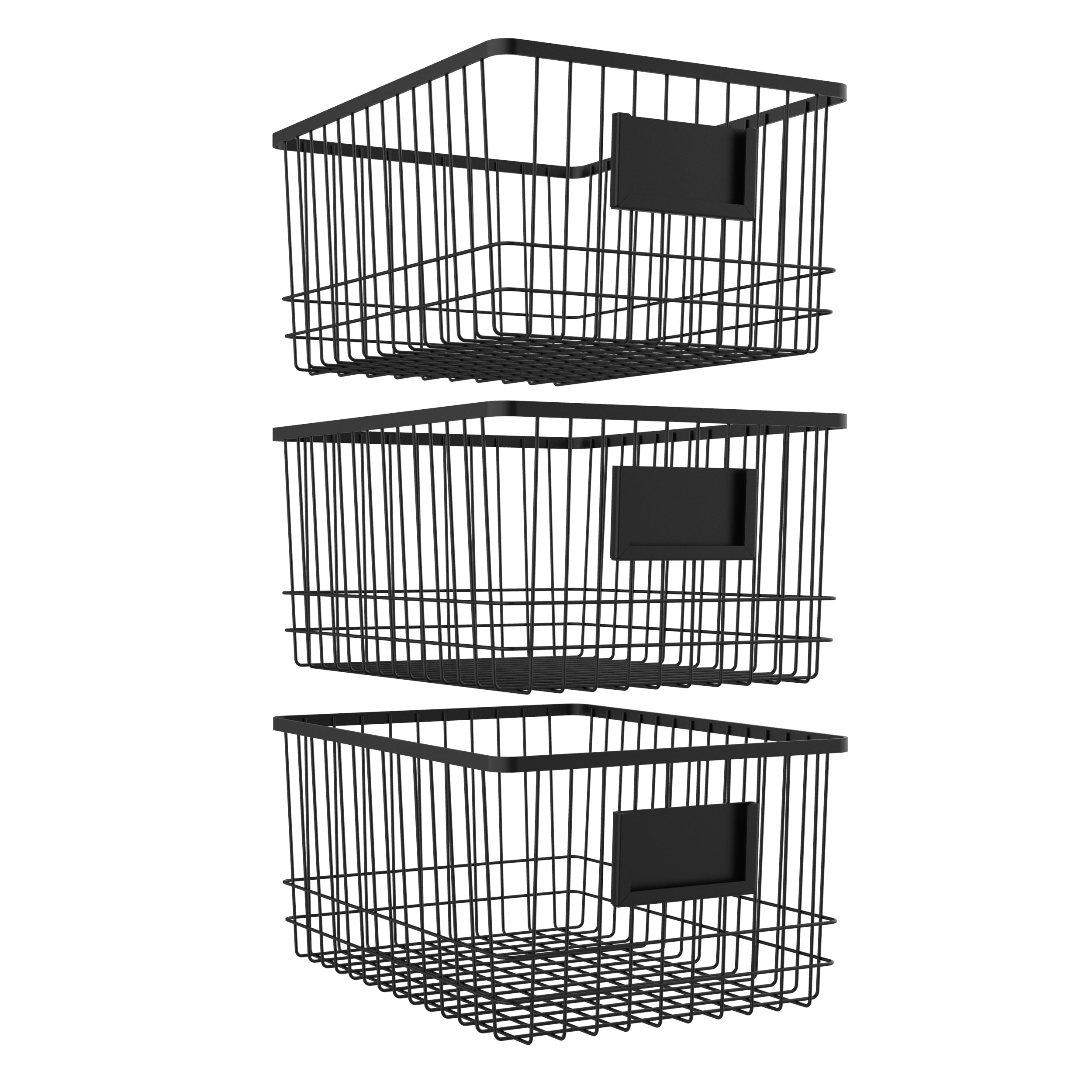 Set of three black metal wire organizer baskets with front card holders for home storage