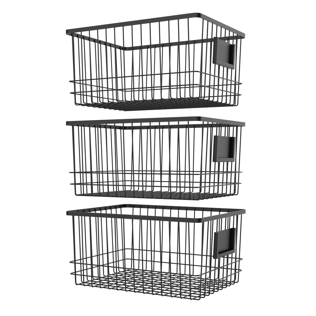 Set of three black metal wire organizer baskets with front card holders for home storage — view 2