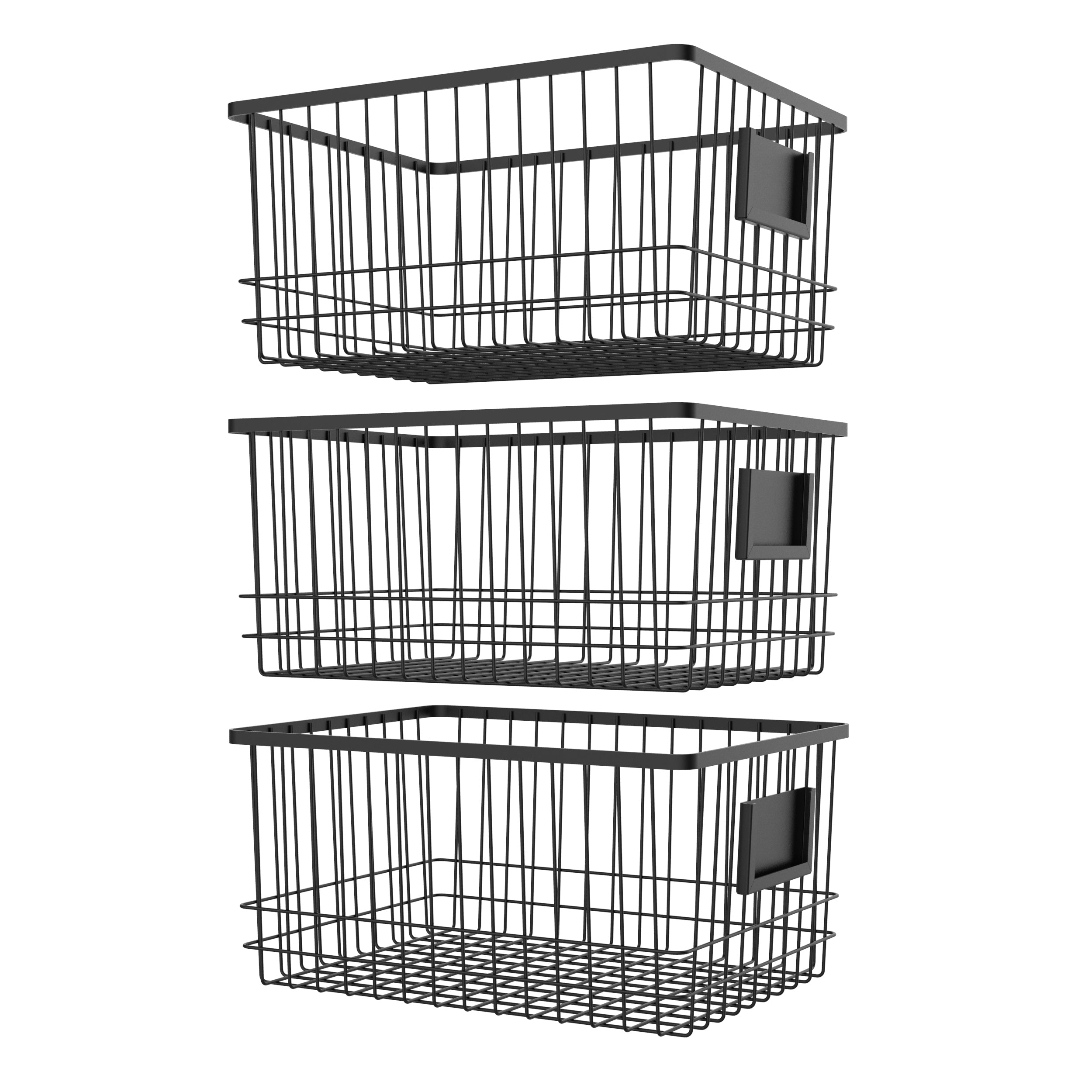 Set of three black metal wire organizer baskets with front card holders for home storage — view 2