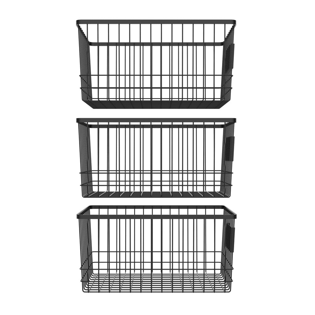 Set of three black metal wire organizer baskets with front card holders for home storage — view 3