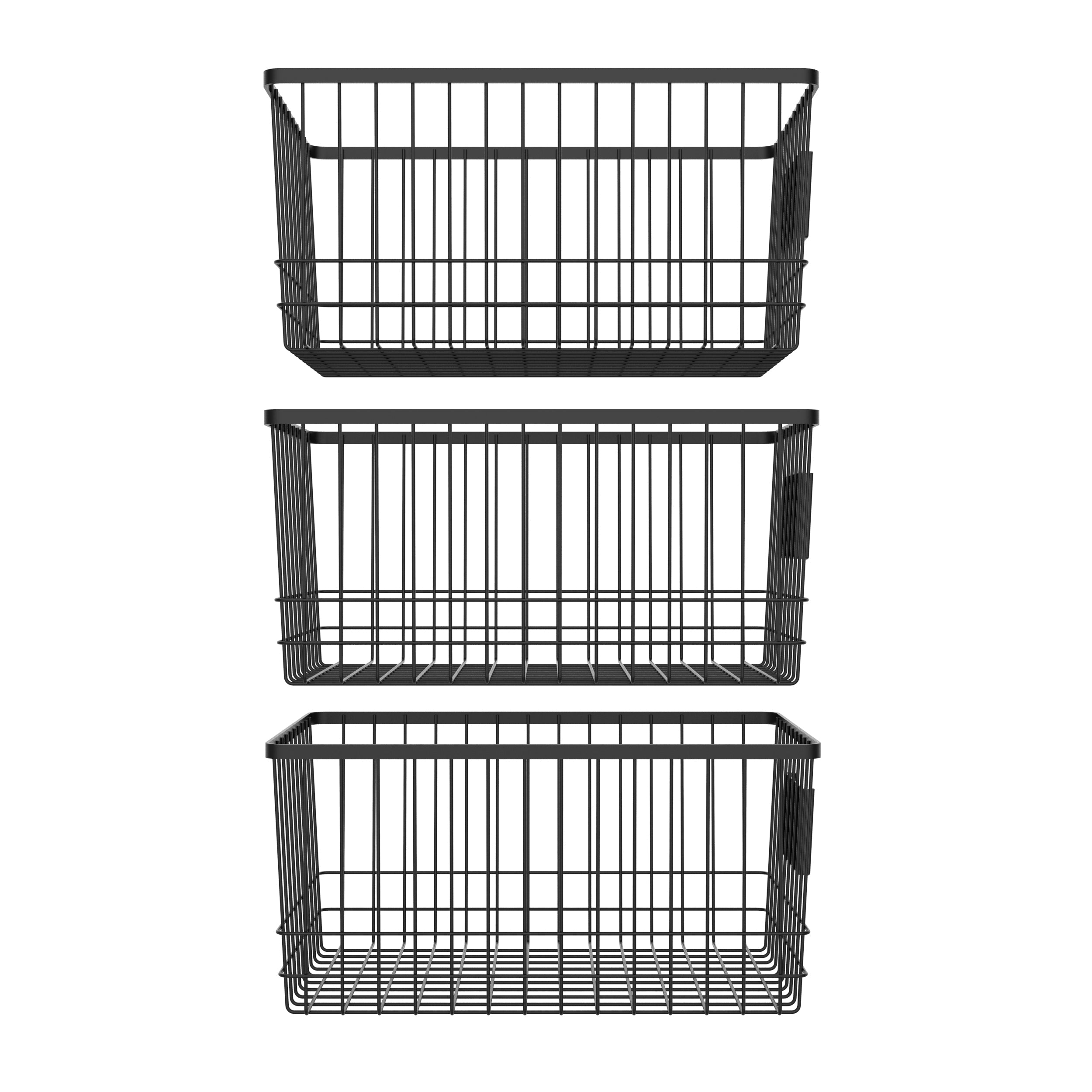 Set of three black metal wire organizer baskets with front card holders for home storage — view 3