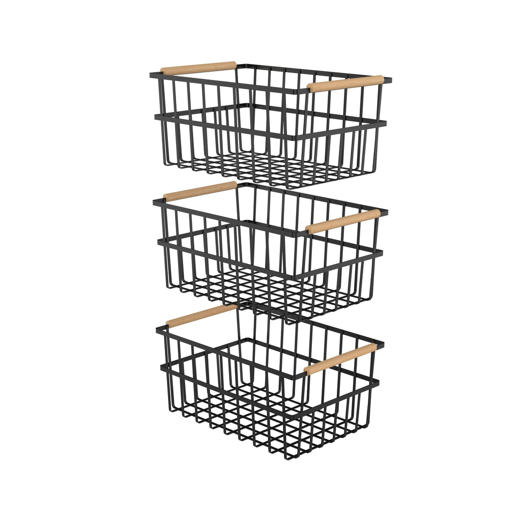 Three black metal wire organizer bin baskets with wooden bamboo handles for home storage