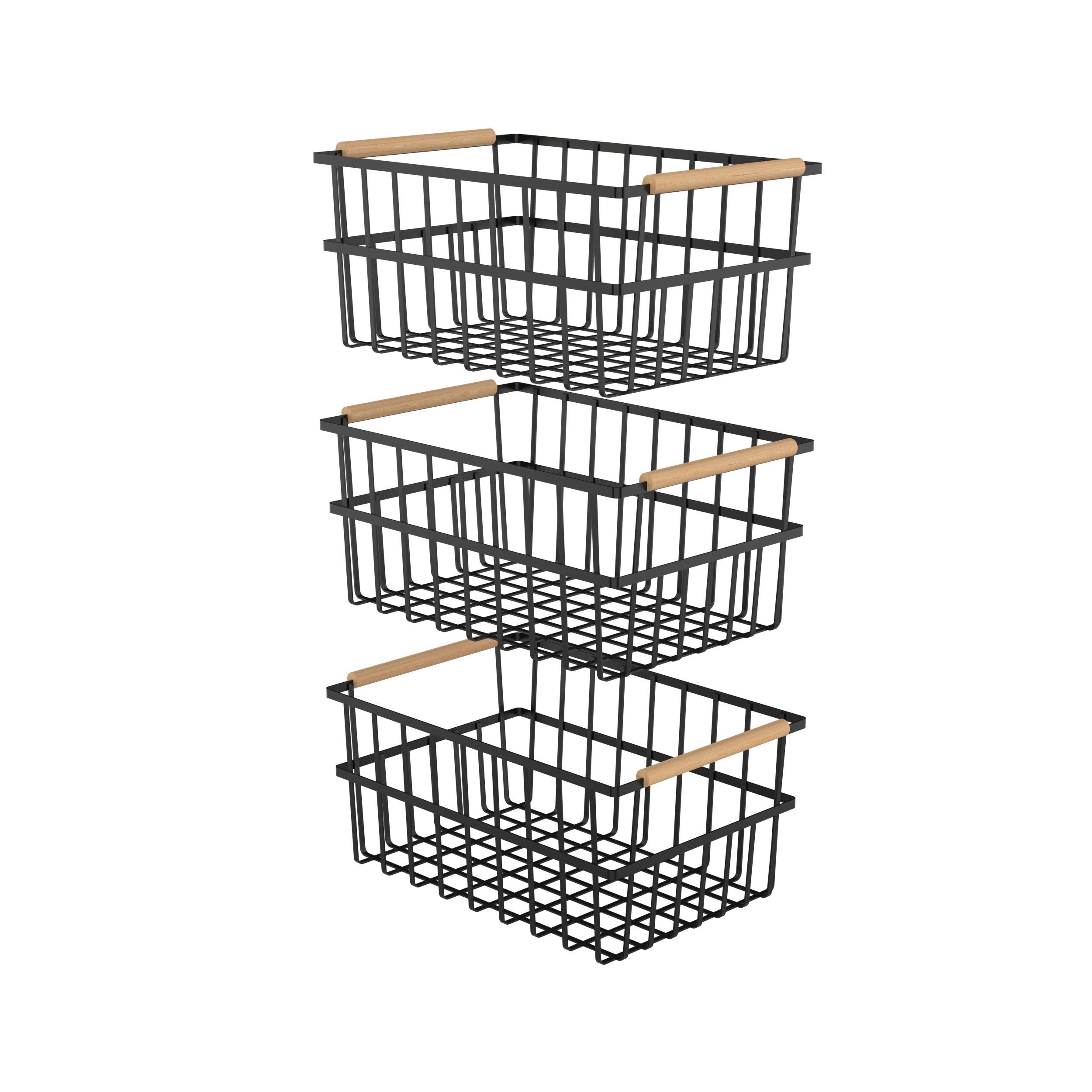 Three black metal wire organizer bin baskets with wooden bamboo handles for home storage