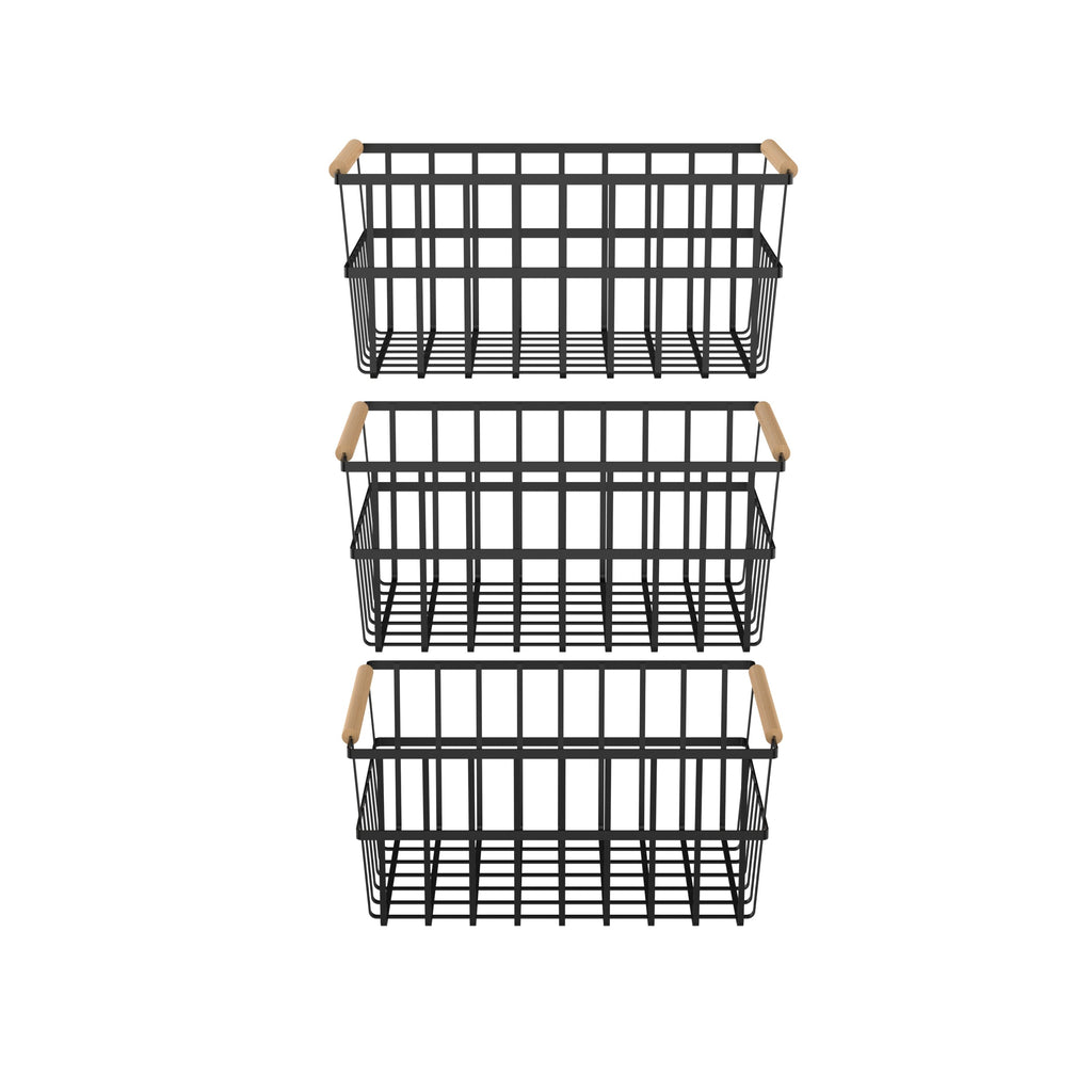 Three black metal wire organizer bin baskets with wooden bamboo handles for home storage — view 3