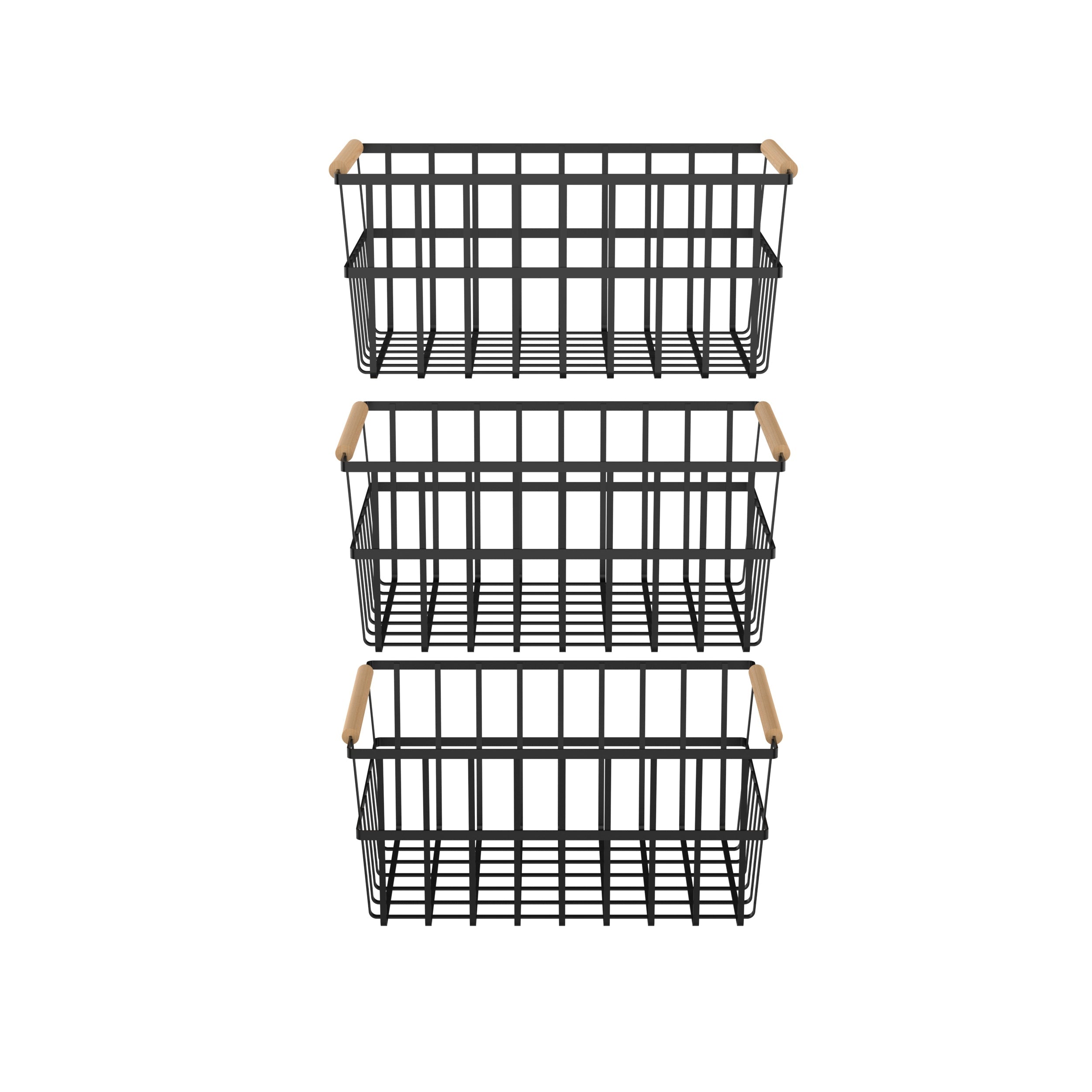 Three black metal wire organizer bin baskets with wooden bamboo handles for home storage — view 3