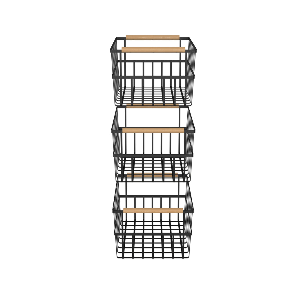 Three black metal wire organizer bin baskets with wooden bamboo handles for home storage — view 4