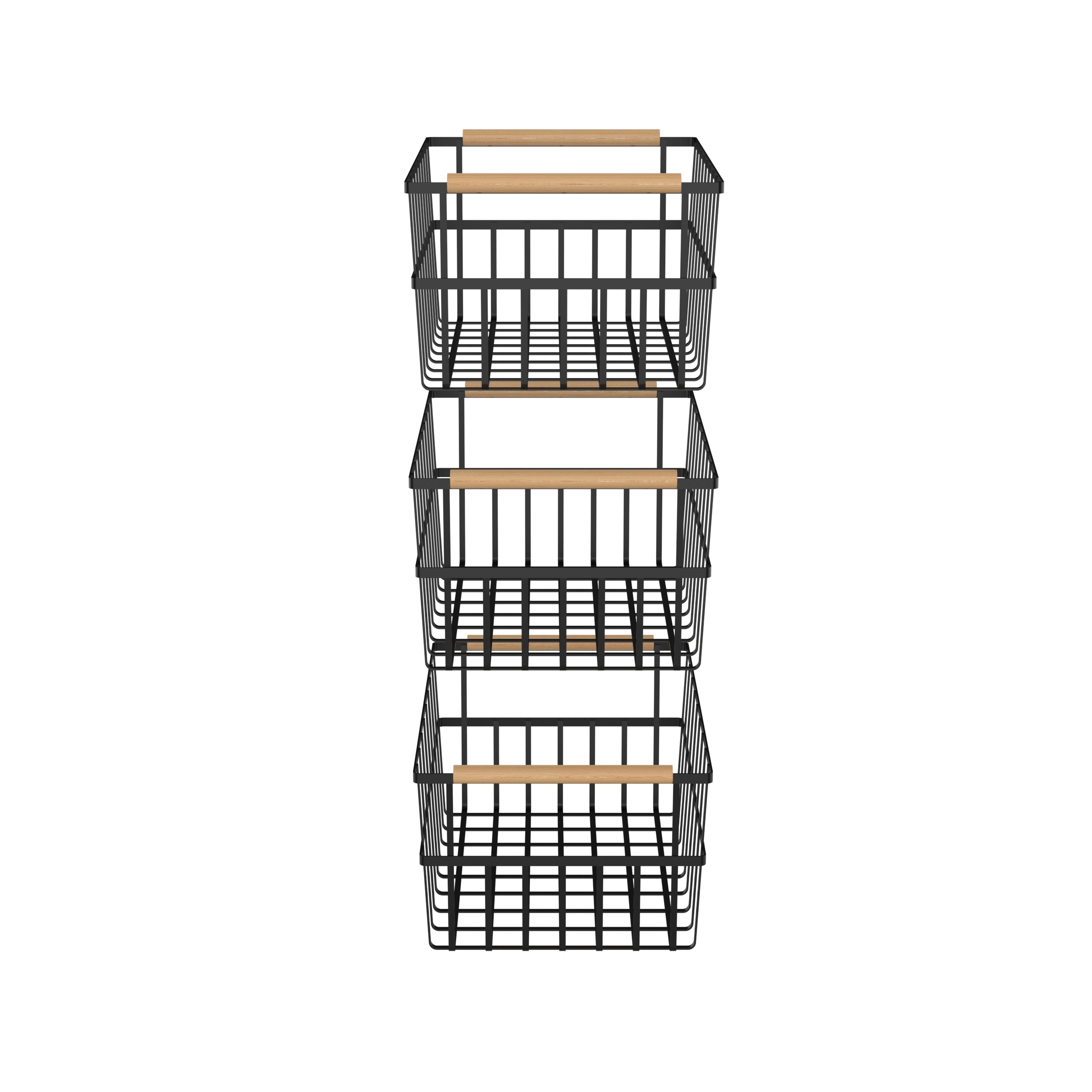 Three black metal wire organizer bin baskets with wooden bamboo handles for home storage — view 4