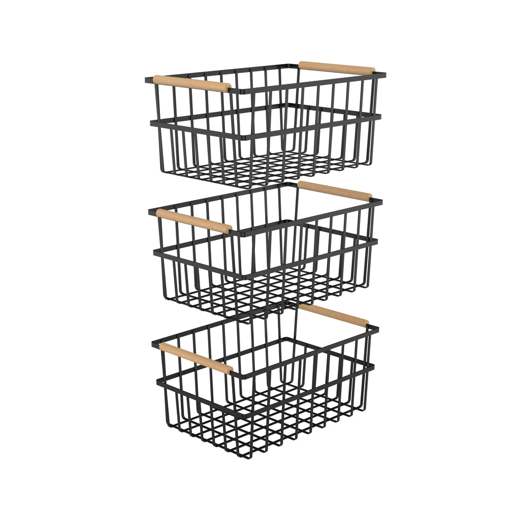 Three black metal wire organizer bin baskets with wooden bamboo handles for home storage — view 2