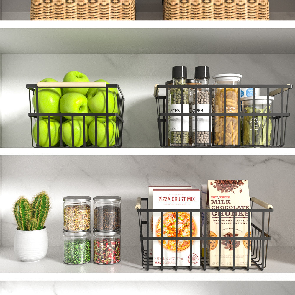 Three black metal wire organizer bin baskets with wooden bamboo handles for home storage — view 6
