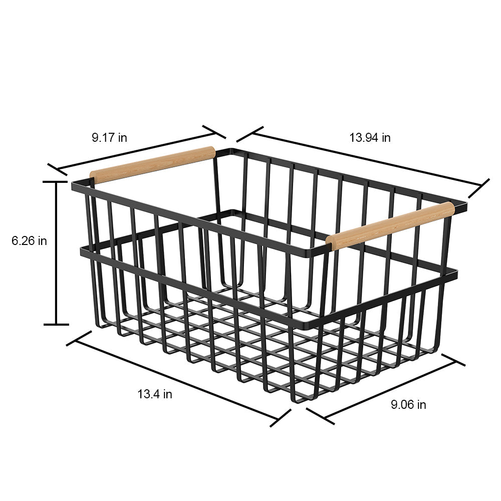 Three black metal wire organizer bin baskets with wooden bamboo handles for home storage — view 5
