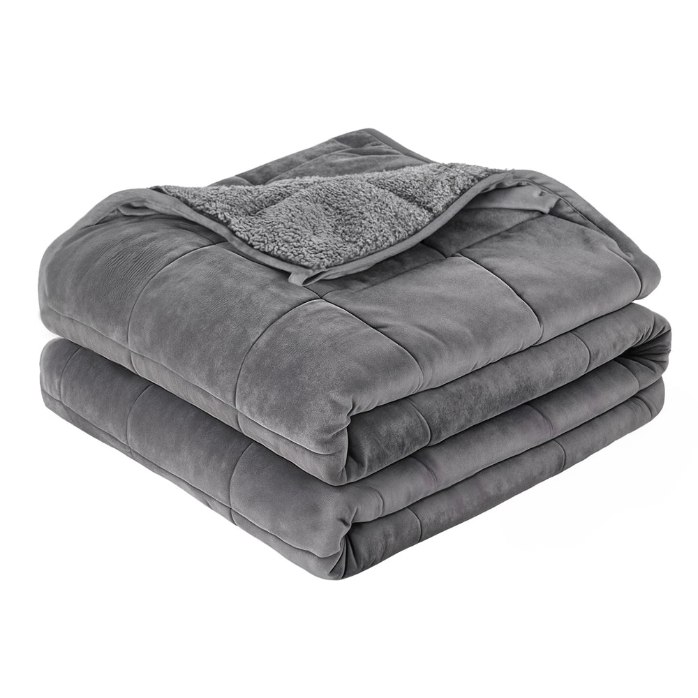 Grey sherpa fleece weighted blanket folded neatly, showing dual-sided plush and smooth fabric textures