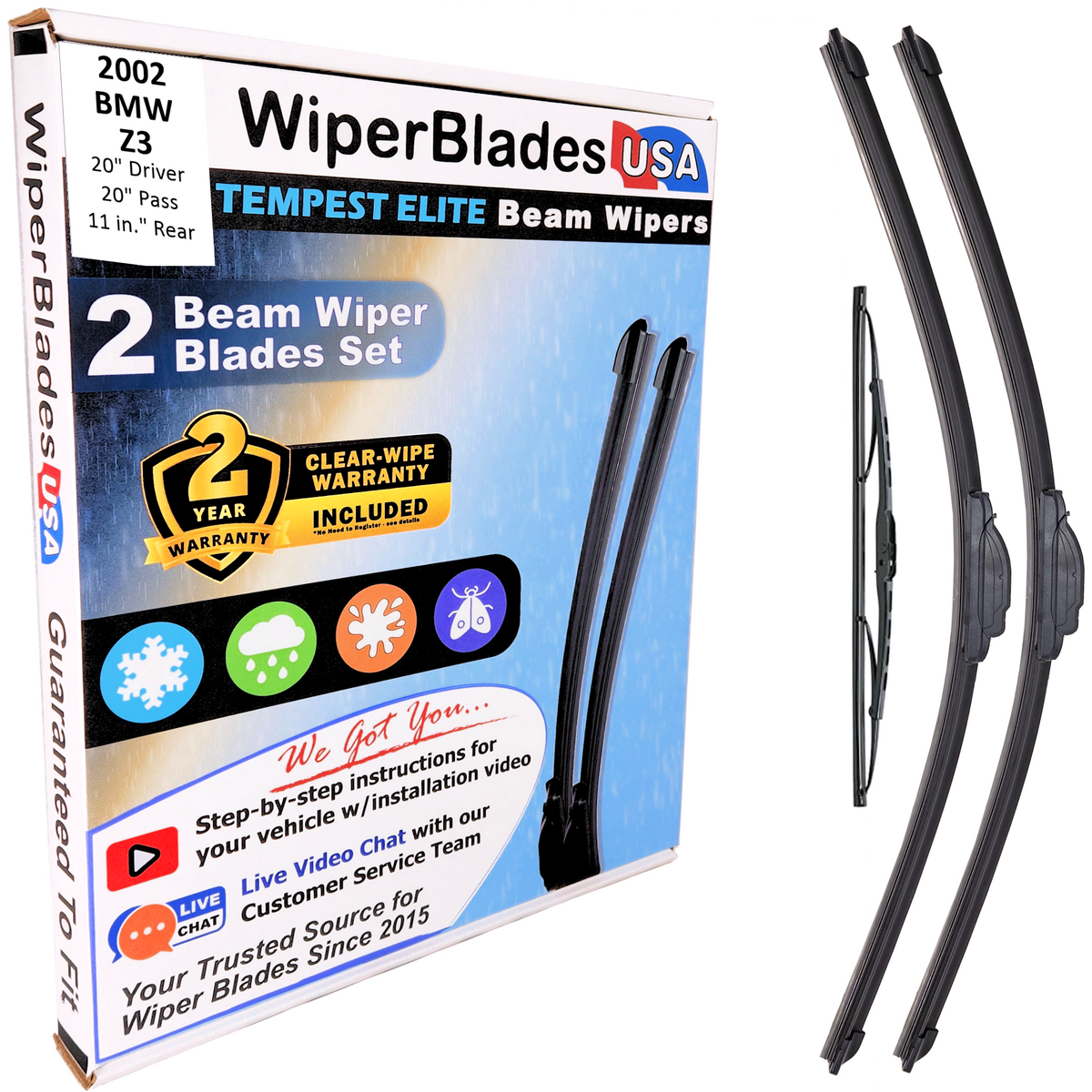 2002 BMW Z3 Wiper Blades Set w/2yr Wear Warranty (Set of 3) w/Rear Tempest Elite-0
