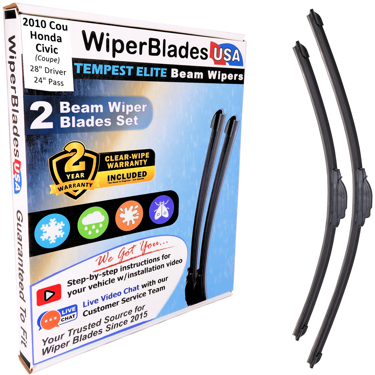 2010 Honda Civic (Coupe) Wiper Blades w/2yr Wear Warranty (Set of 2) Beam Wipers-0