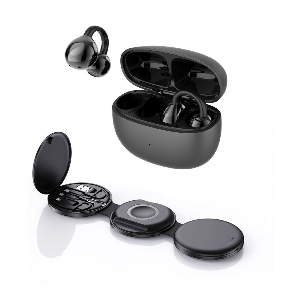 Black 5-in-1 folding wireless charging station next to compact true wireless earbuds with charging case