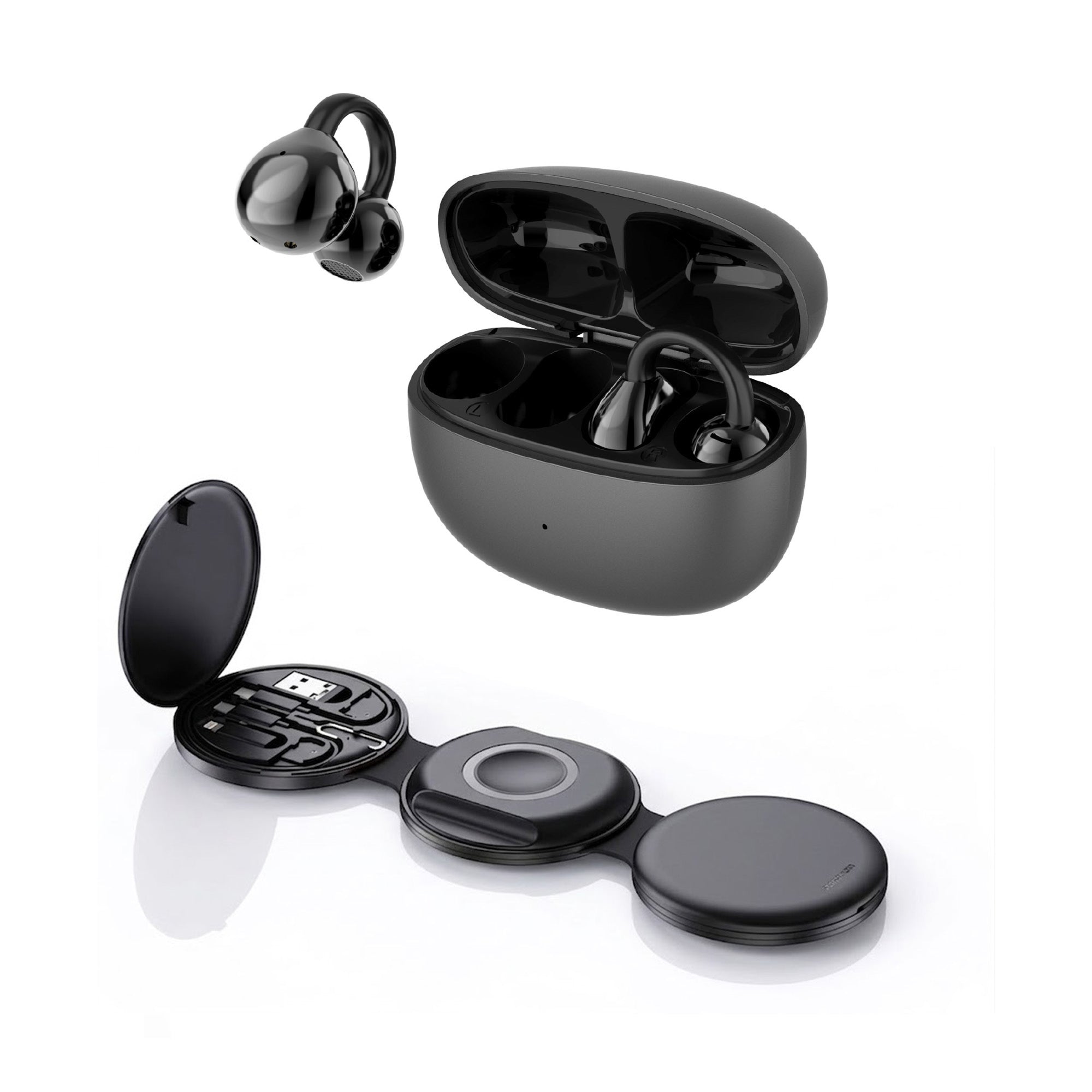 Black 5-in-1 folding wireless charging station next to compact true wireless earbuds with charging case