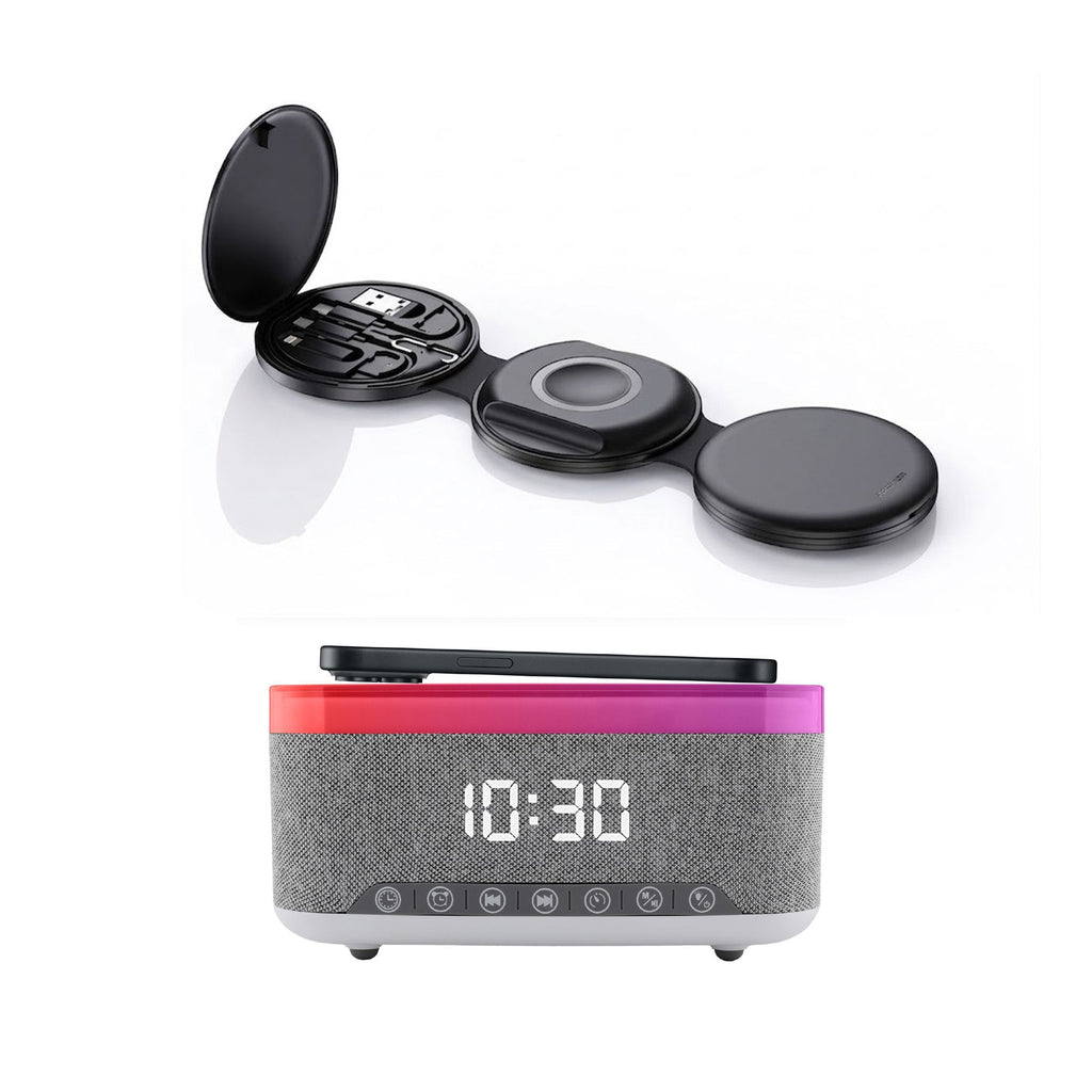 Black folding wireless charging station next to a multifunctional digital bedside alarm clock with speaker