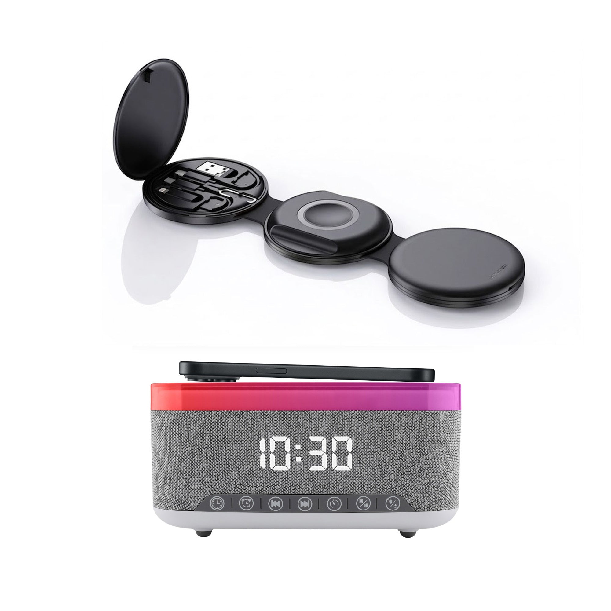 Black folding wireless charging station next to a multifunctional digital bedside alarm clock with speaker
