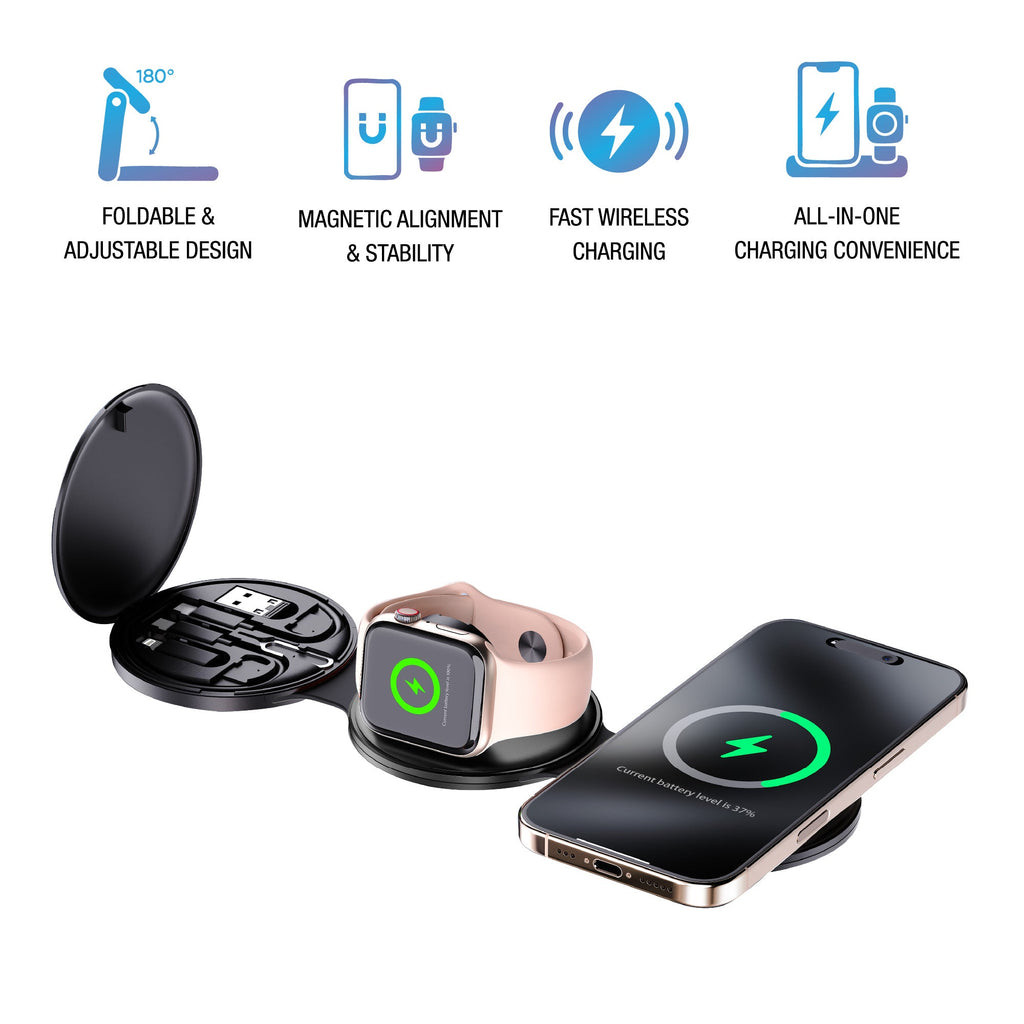 Black folding wireless charging station next to a multifunctional digital bedside alarm clock with speaker — view 2