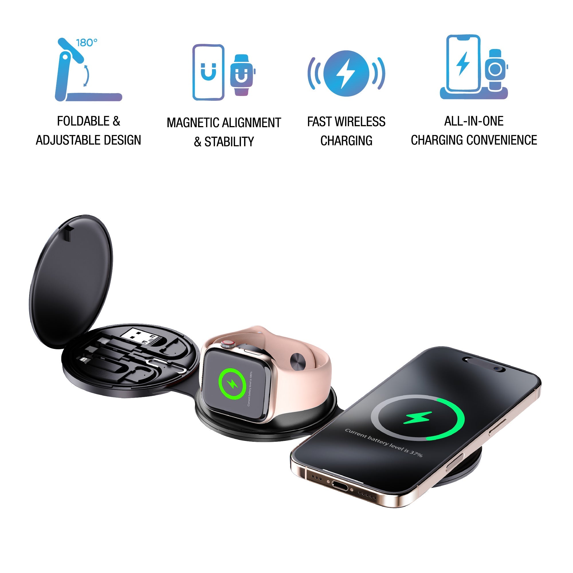 Black folding wireless charging station next to a multifunctional digital bedside alarm clock with speaker — view 2