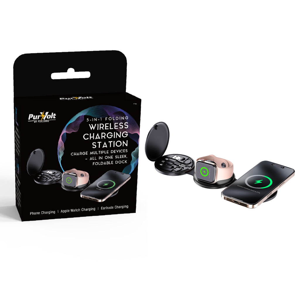 Foldable 5-in-1 wireless charging station and compact true wireless earbuds in charging case — view 2