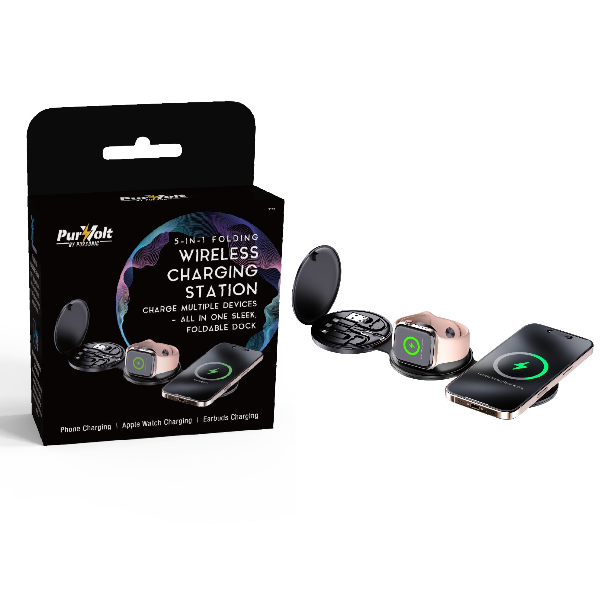 Foldable 5-in-1 wireless charging station and compact true wireless earbuds in charging case — view 2