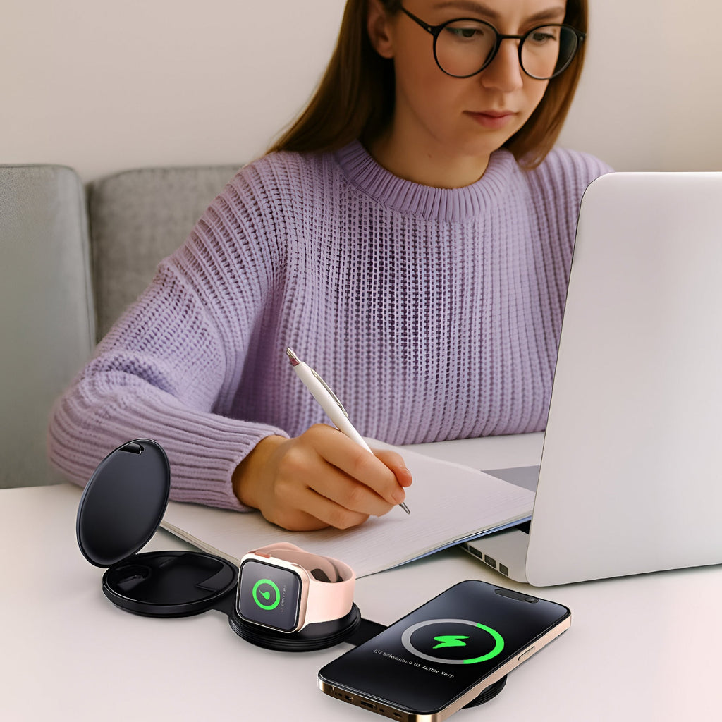Sleek 3-in-1 LED desk lamp and foldable 5-in-1 wireless charging station bundle for modern workspaces — view 3