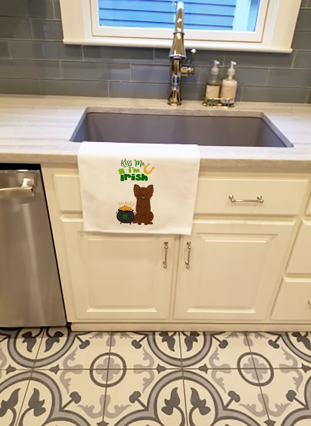 Longhaired Chocolate Chihuahua St. Patrick's Day Kitchen Towel Set of 2-1