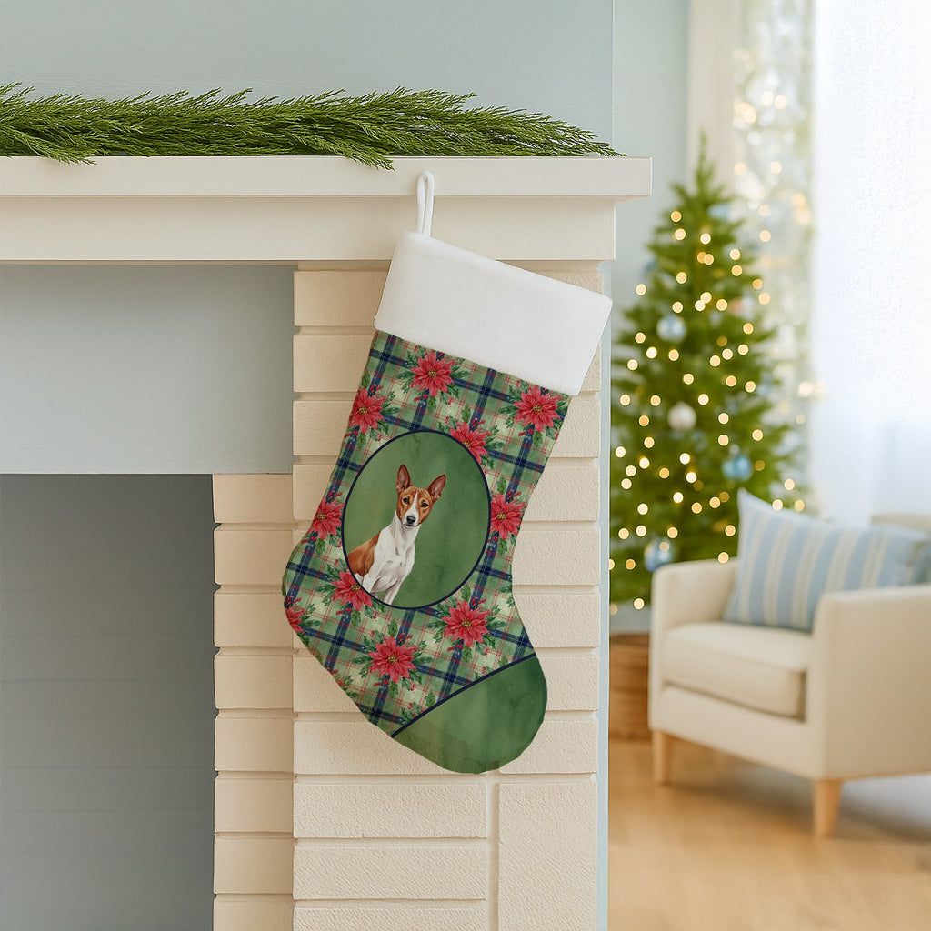 Red and White Basenji Christmas PoinsettIas Holiday Stocking-2