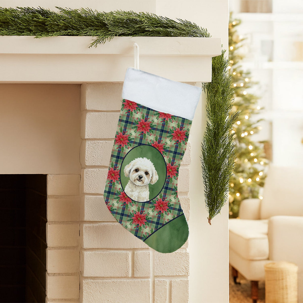 White and Cream Bichon Frise Christmas PoinsettIas Holiday Stocking-1
