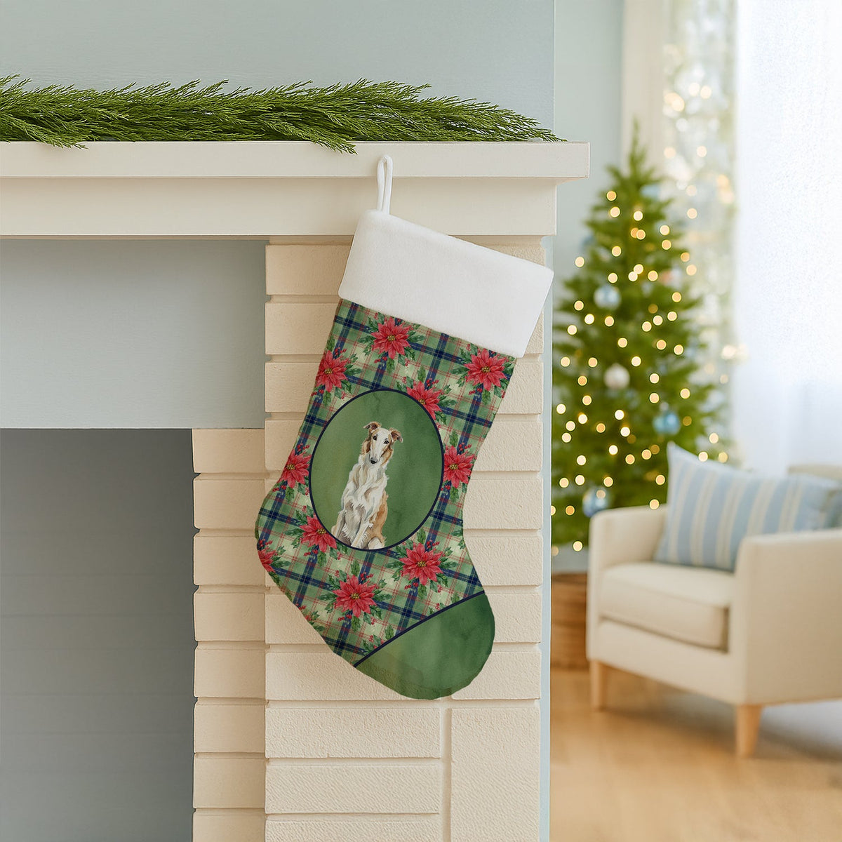 Borzoi Christmas PoinsettIas Holiday Stocking-2