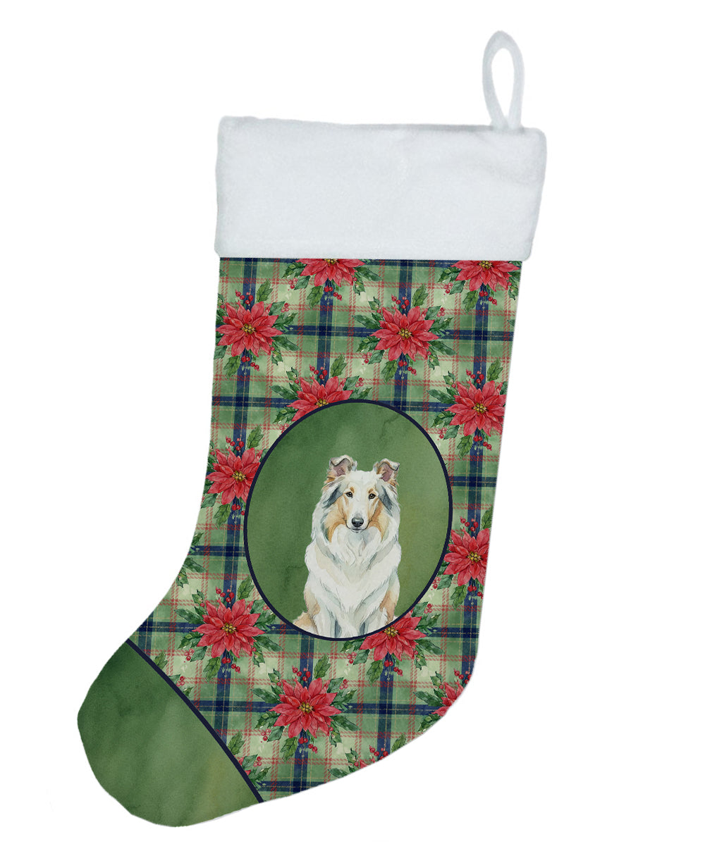 White Collie Christmas PoinsettIas Holiday Stocking-0