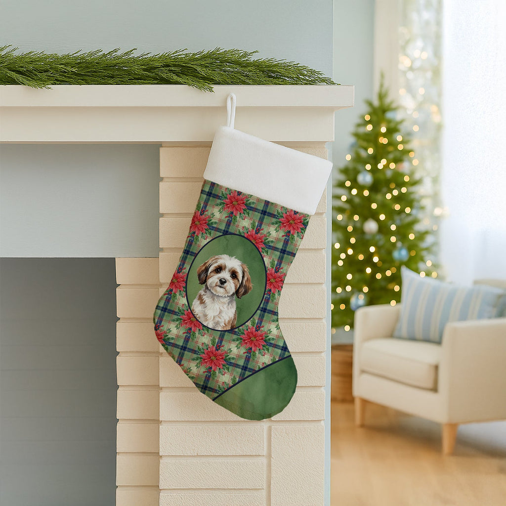 Parti-color Havanese Christmas PoinsettIas Holiday Stocking-2