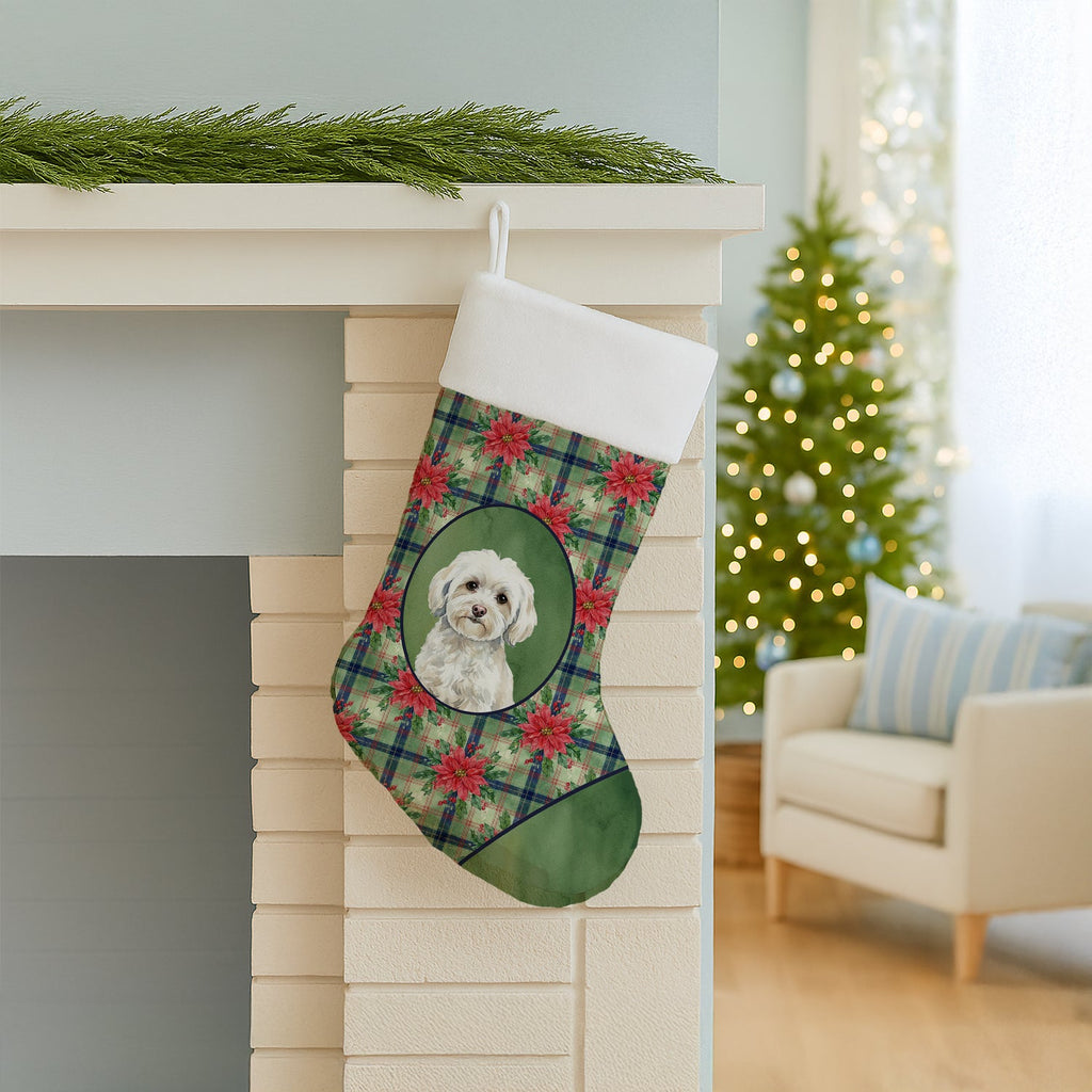 White Havanese Christmas PoinsettIas Holiday Stocking-2
