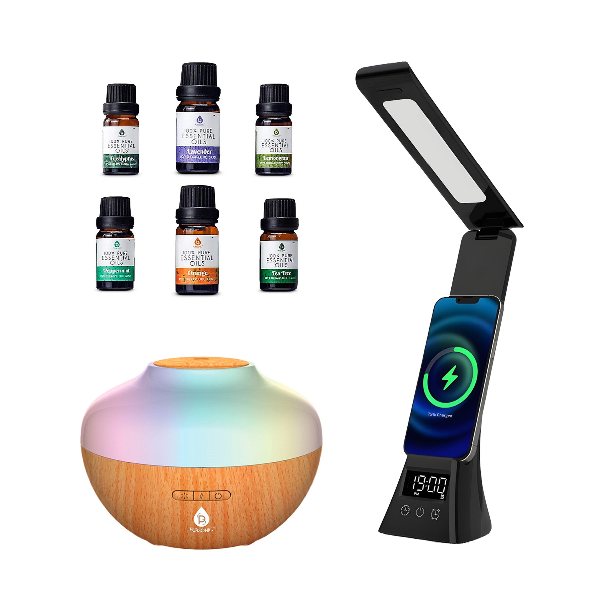 Wellness desk lamp and ultrasonic diffuser set with six bottles of pure essential oils