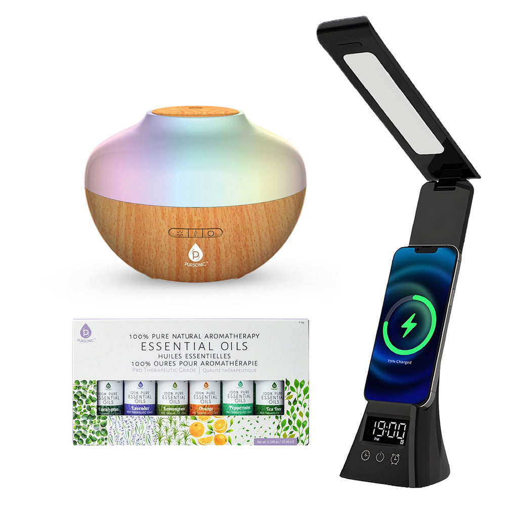 Pursonic workstation wellness bundle with ultrasonic diffuser, essential oils set, and LED wireless charging lamp