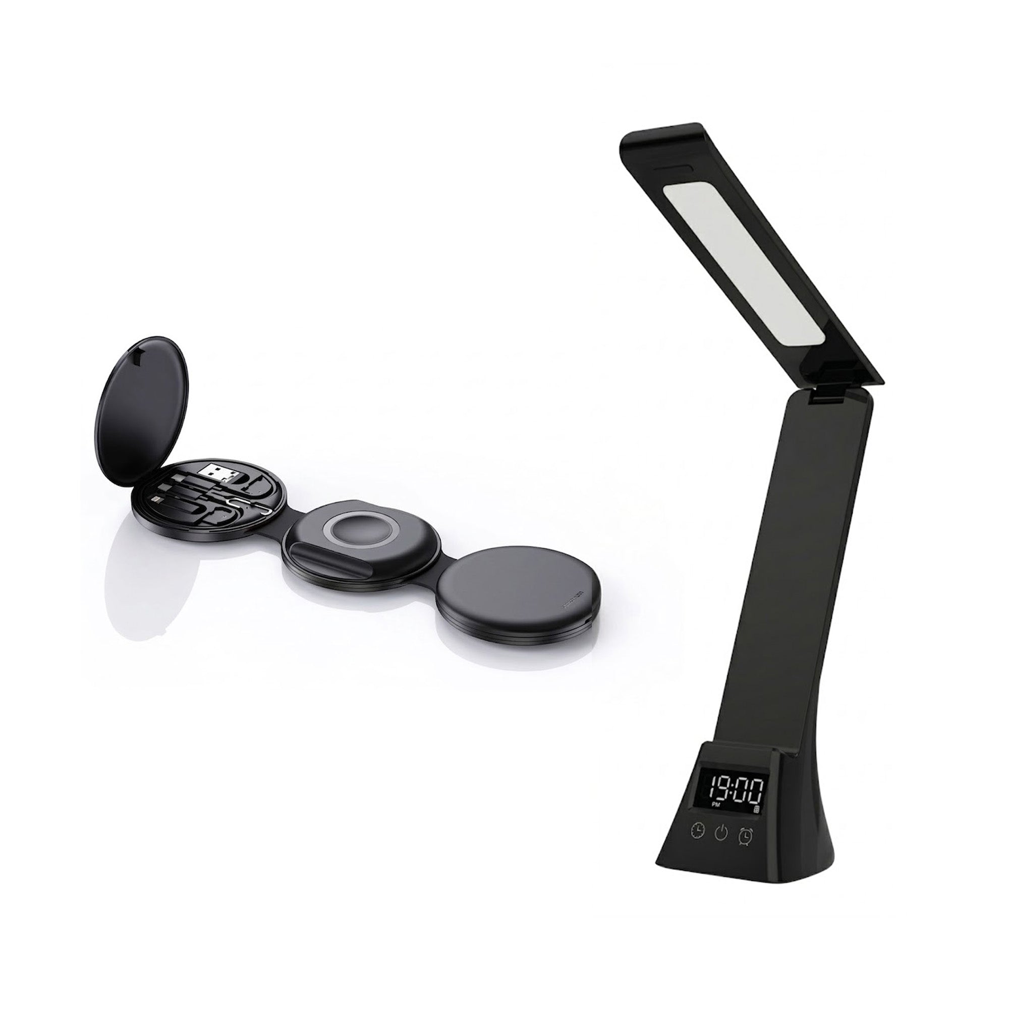 Sleek 3-in-1 LED desk lamp and foldable 5-in-1 wireless charging station bundle for modern workspaces