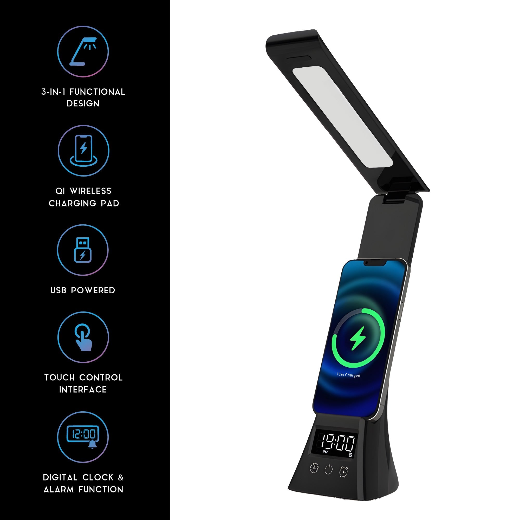 Pursonic 3-in-1 LED desk lamp with wireless smartphone charging pad and digital alarm clock display — view 2