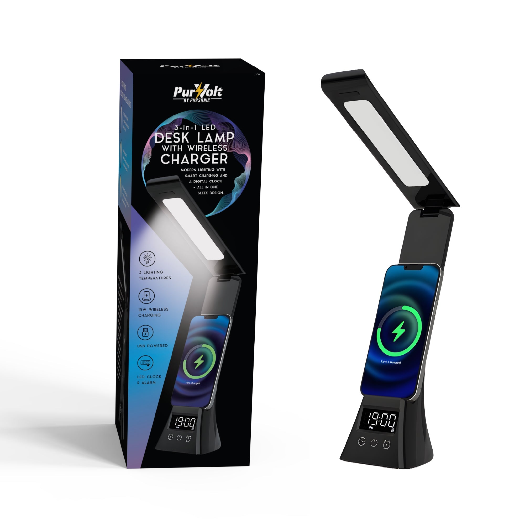 Wireless charging station with LED desk lamp, smart alarm clock, and built-in speaker. — view 4