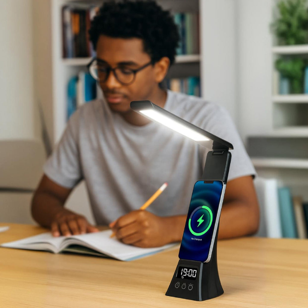 Modern smart home bundle featuring LED desk lamp and digital alarm clock with wireless charging pad — view 5