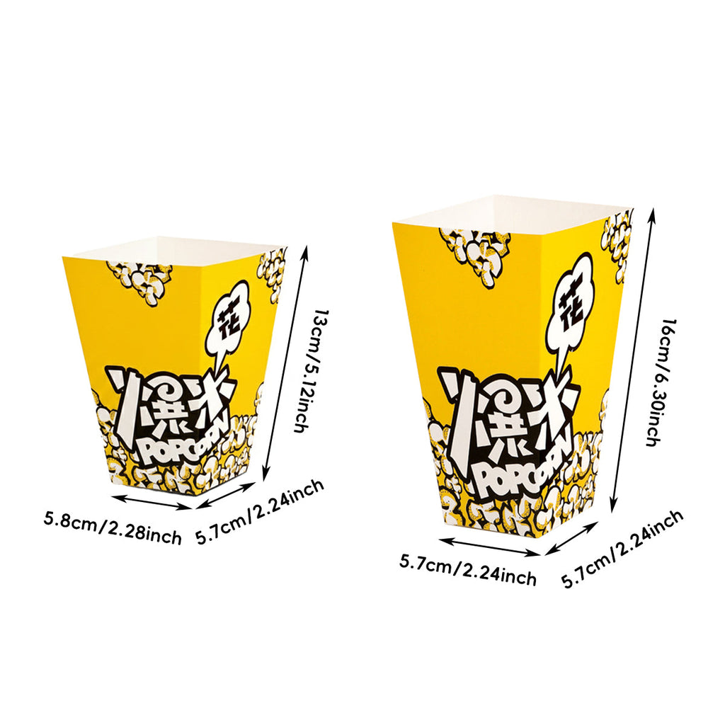 Vibrant yellow party popcorn boxes with black and white cartoon graphics for mess-free snacking — view 3