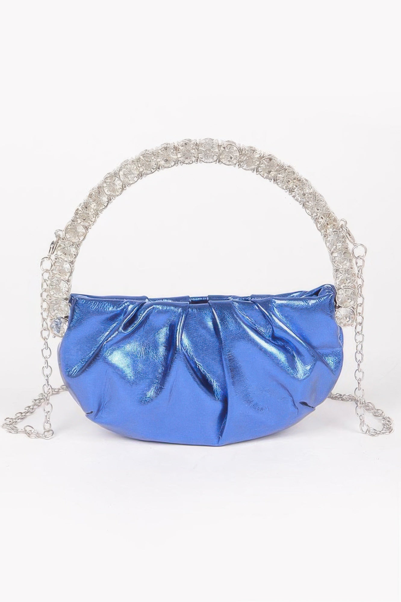 PYRAMIDE metallic crossbody bag with sculptural stone top handle and detachable strap for evening wear.
