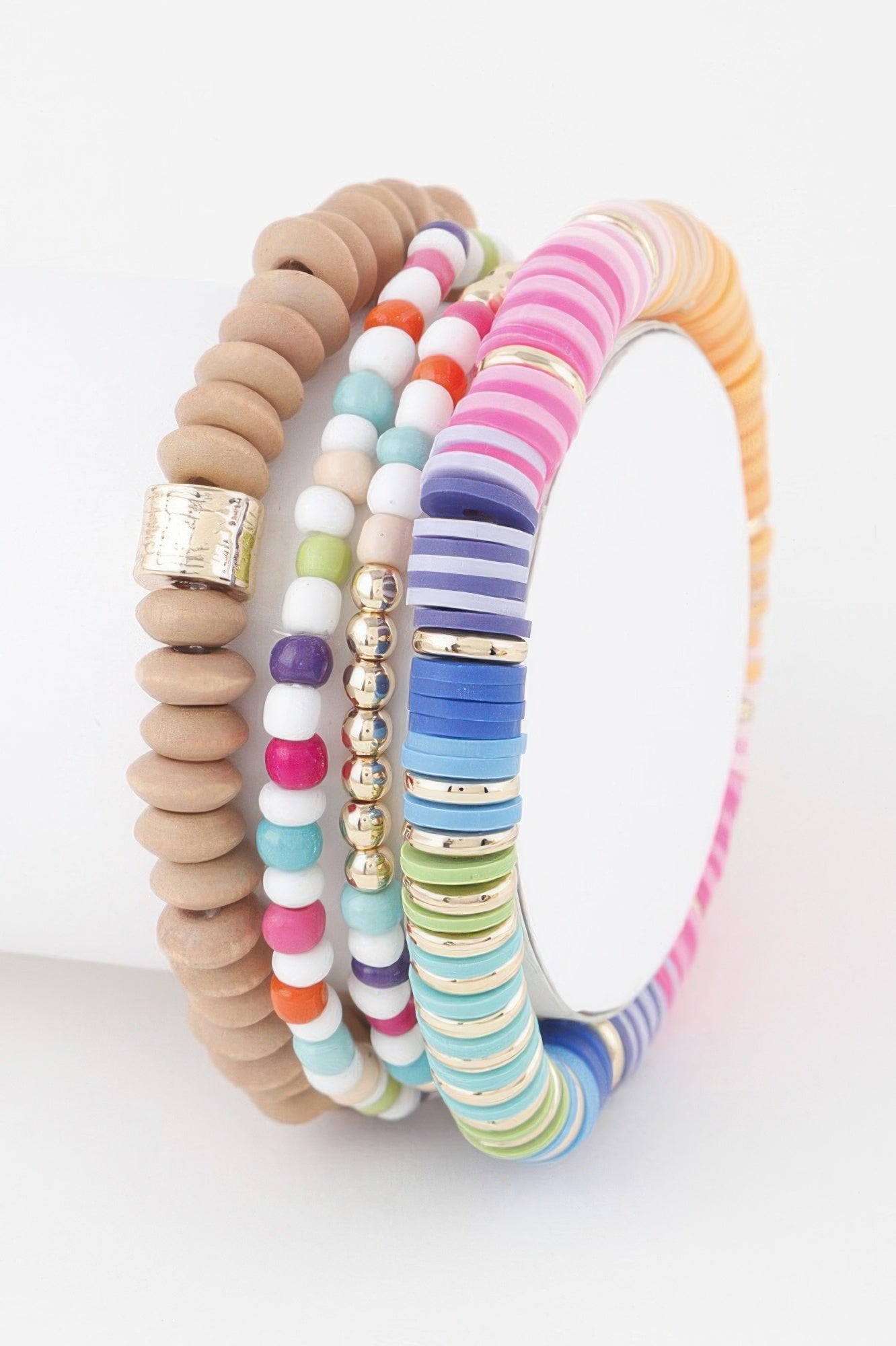 Cala Bassa multi beaded statement bracelet in gold, pink and purple tones for women