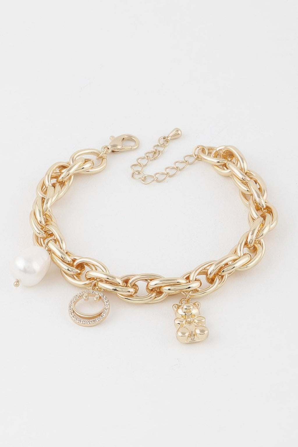 Structured polished metal chain bracelet featuring a charming teddy bear motif for women — view 2