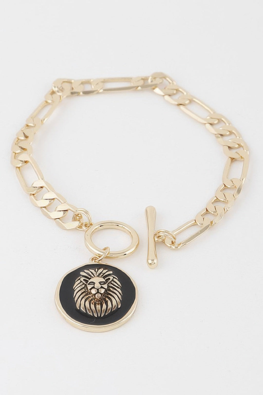 Vintage-inspired lion emblem toggle bracelet for women featuring lightweight metal construction and secure closure.