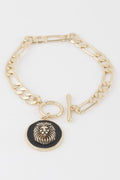 Vintage-inspired lion emblem toggle bracelet for women featuring lightweight metal construction and secure closure.