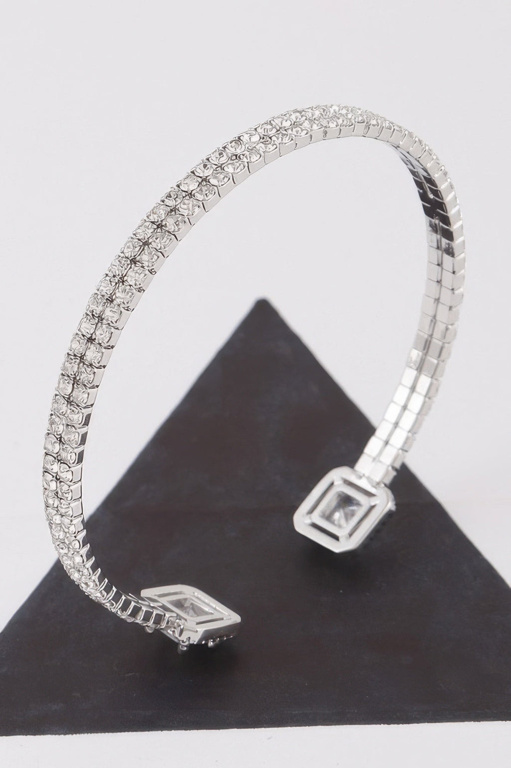 Women's jeweled open cuff bracelet in gleaming metallic finish with sparkling crystal accents — view 4