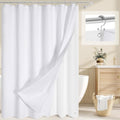 White waffle textured shower curtain set with clear PEVA liner and stainless steel hooks
