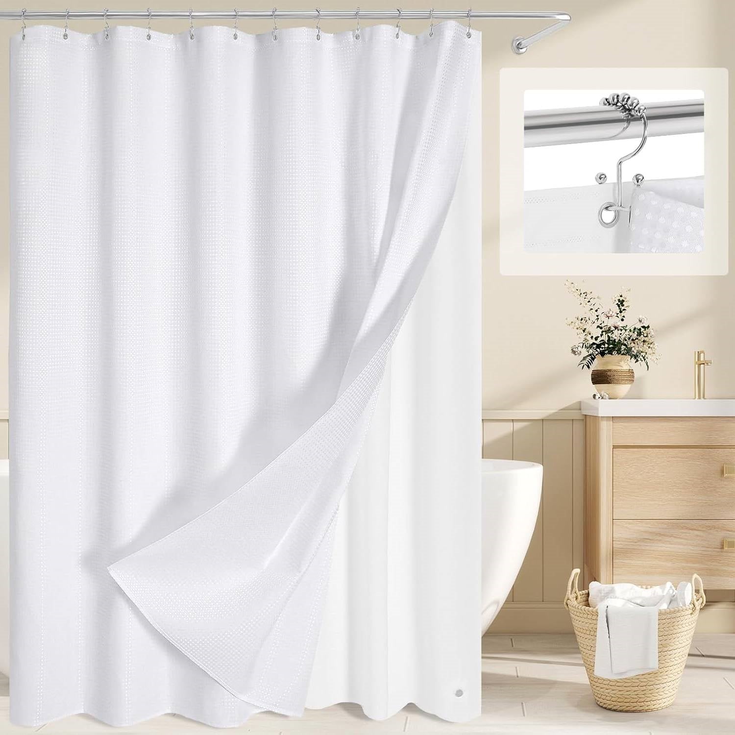 White waffle textured shower curtain set with clear PEVA liner and stainless steel hooks