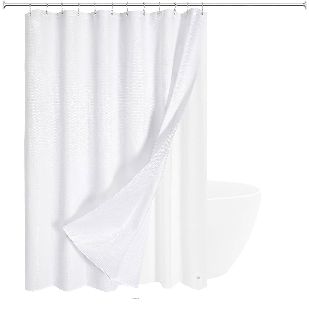 White waffle textured shower curtain set with clear PEVA liner and stainless steel hooks — view 2